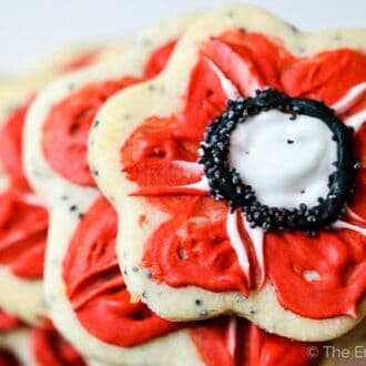 A stack of lemon sugar poppy cookies for Remembrance Day.