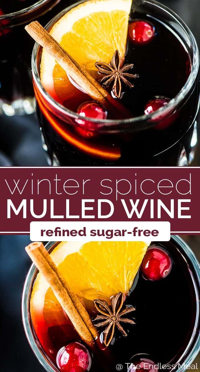 SAVE FOR LATER! Mulled wine is a must during the holidays. We've been making this recipe for years and it never disappoints. It's easy to make, perfectly spiced, and tastes like Christmas. Bonus: we make it with maple syrup for extra rich flavor and so it's refined sugar-free. | vegan + gluten-free + refined sugar-free | #theendlessmeal #wine #mulledwine #christmas #brandy #holidays #glogg #redwine #warmwine #cocktail #christmascocktail #drink #refinedsugarfree #vegan #glutenfree #maplesyrup