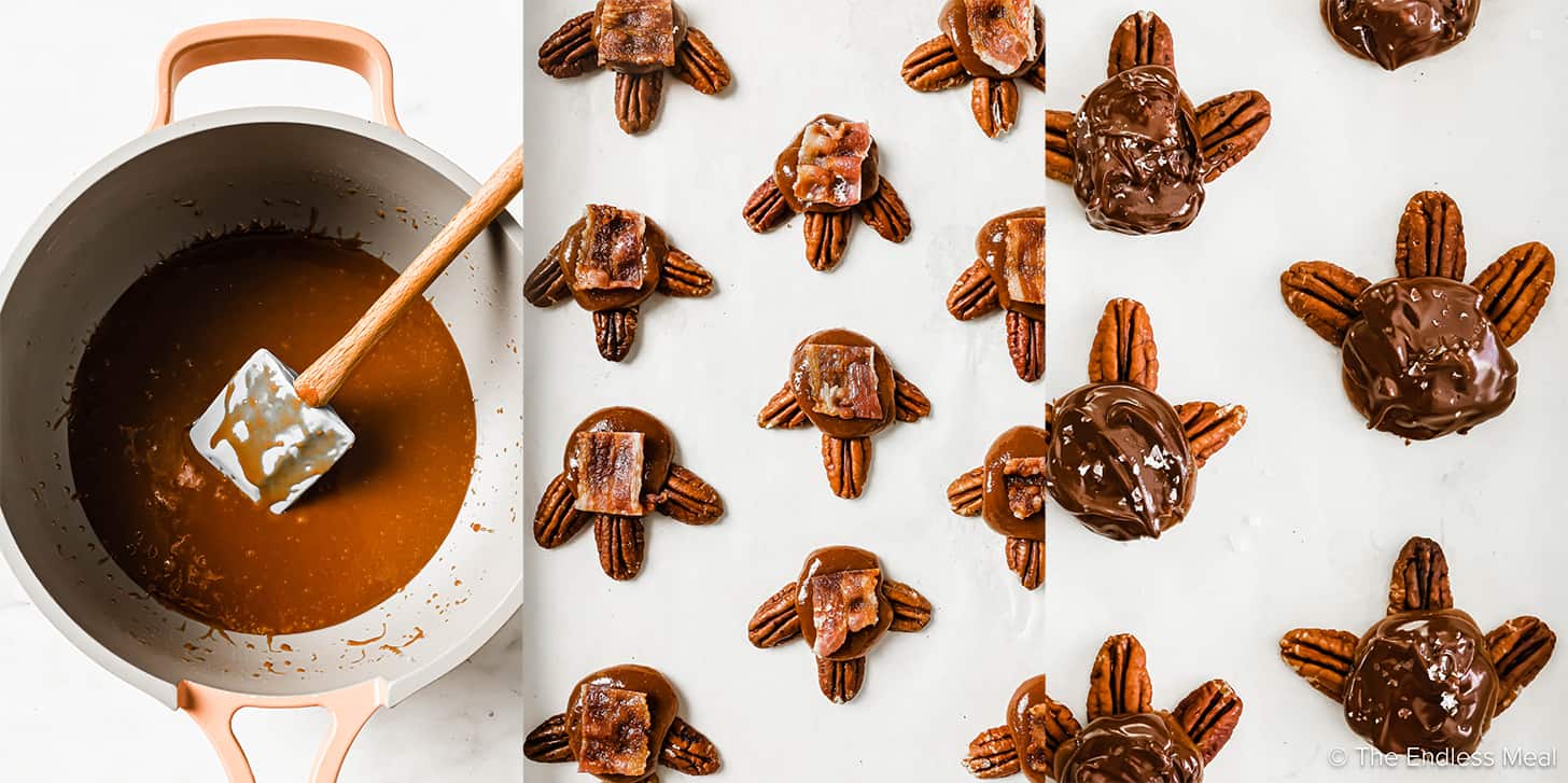 Three pictures showing how to make Homemade Chocolate Turtles