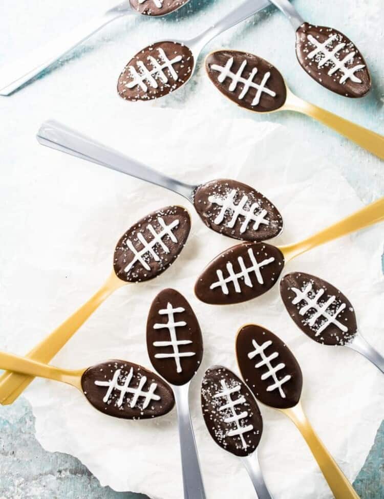 Chocolate Football Spoons are perfect for Super Bowl Sunday! They're super easy to make and make a playful addition to any game day table. Plus you can add lots of different flavors or make a boozy version for adult get togethers.  | theendlessmeal.com