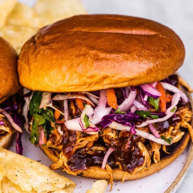 A pulled chicken sandwich on a plate with potato chips.