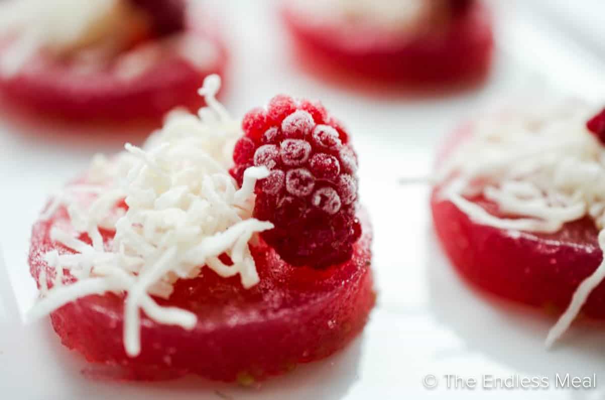 Mojito Jello Shots with raspberry and coconut
