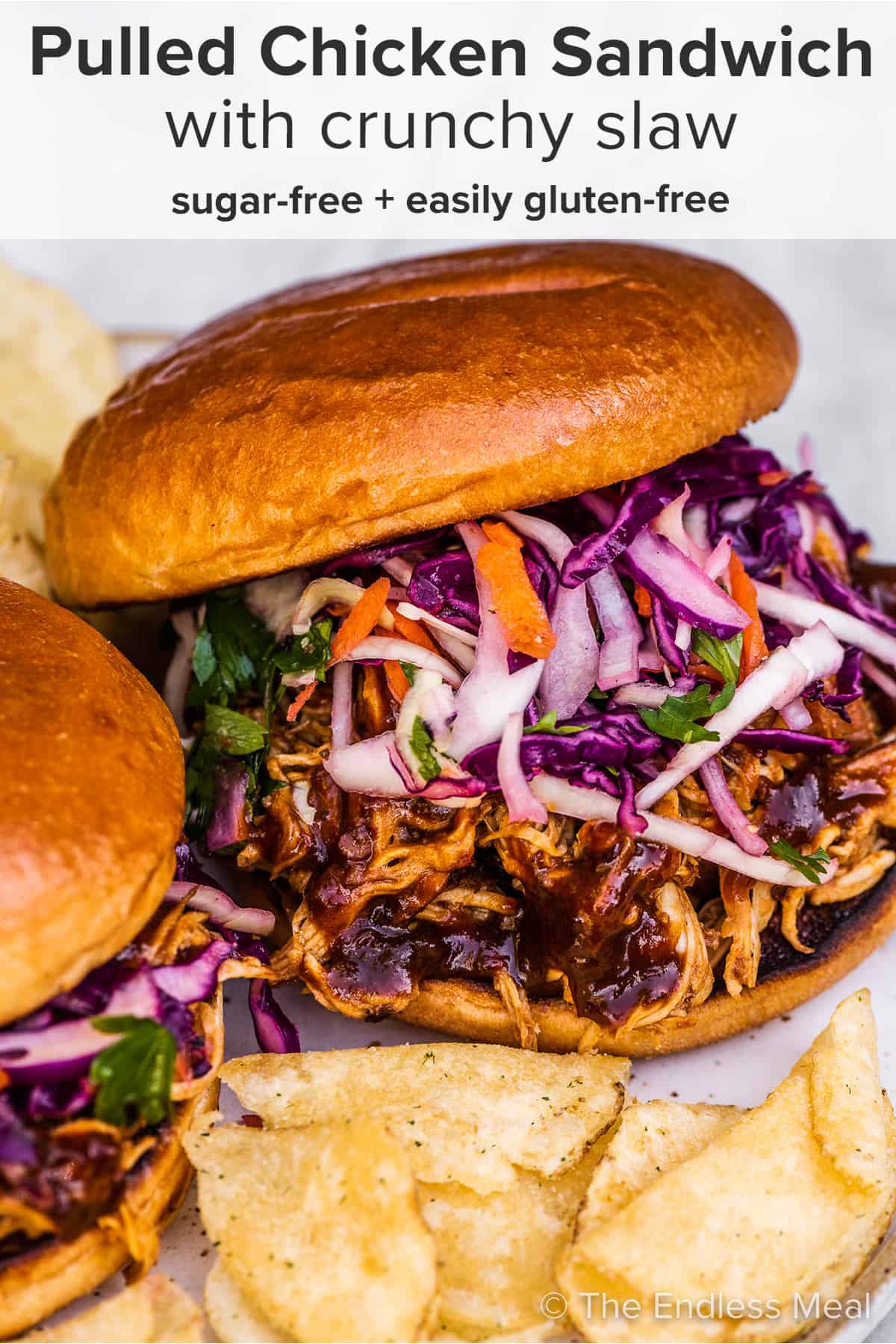 A pulled chicken sandwich on a lunch plate and the recipe title on top of the picture.