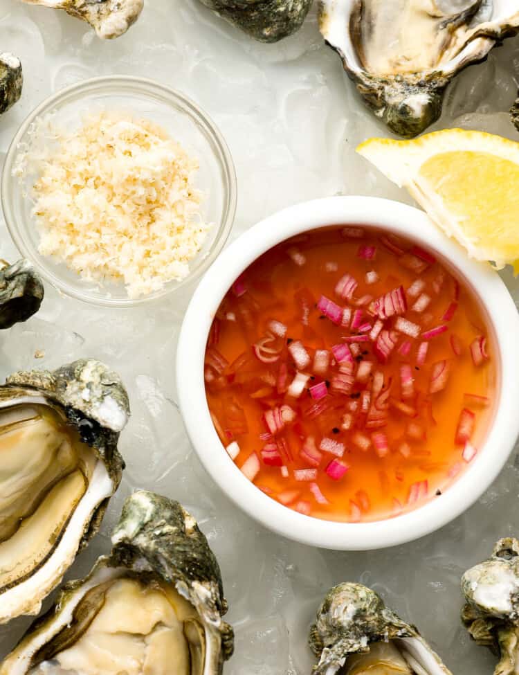 This Champagne Mignonette Recipe on a serving platter with fresh oysters