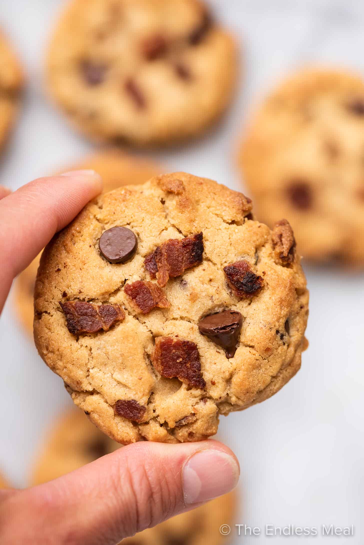 A hand holding a bacon peanut butter cookie.