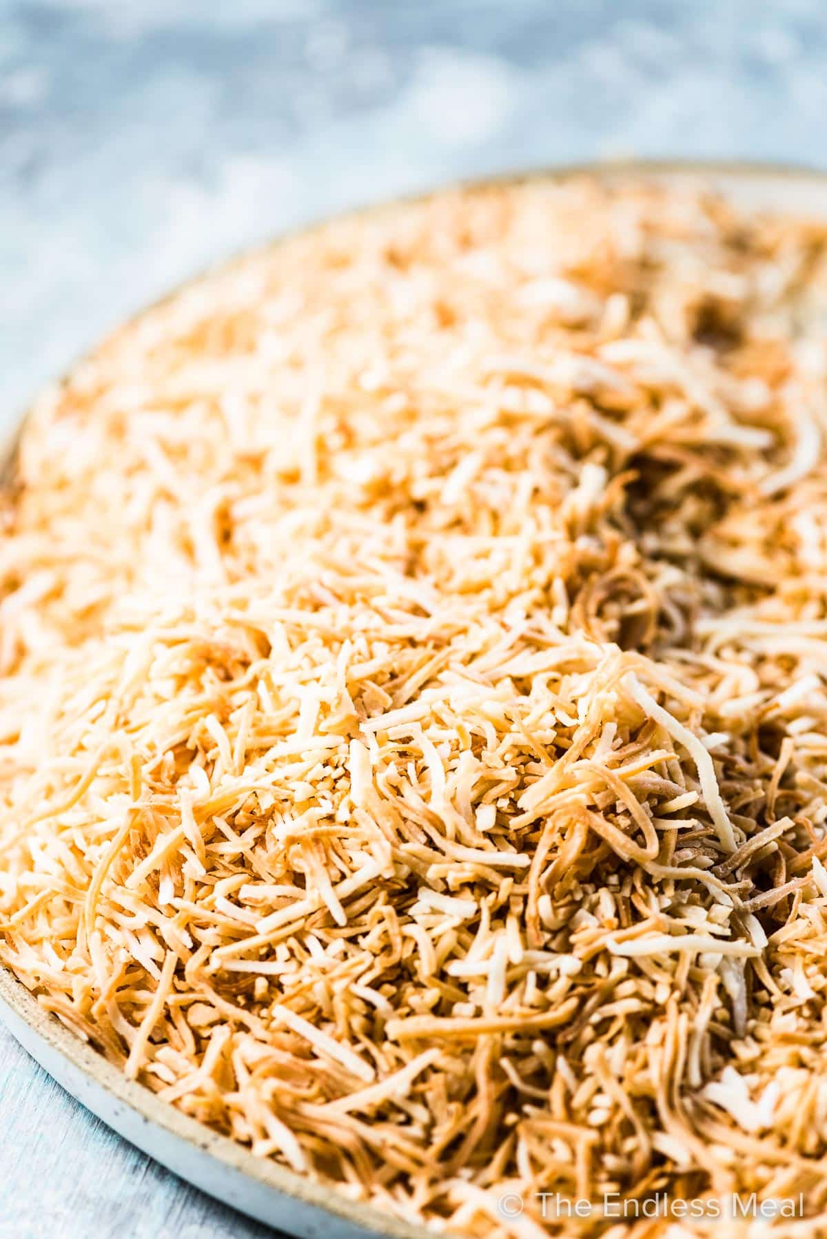 Toasted coconut on a plate before it's put into the toasted coconut ice cream.