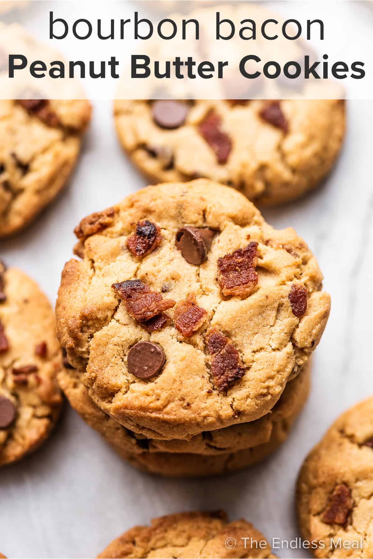 A stack of peanut butter cookies with bacon and the recipe title on top of the picture.