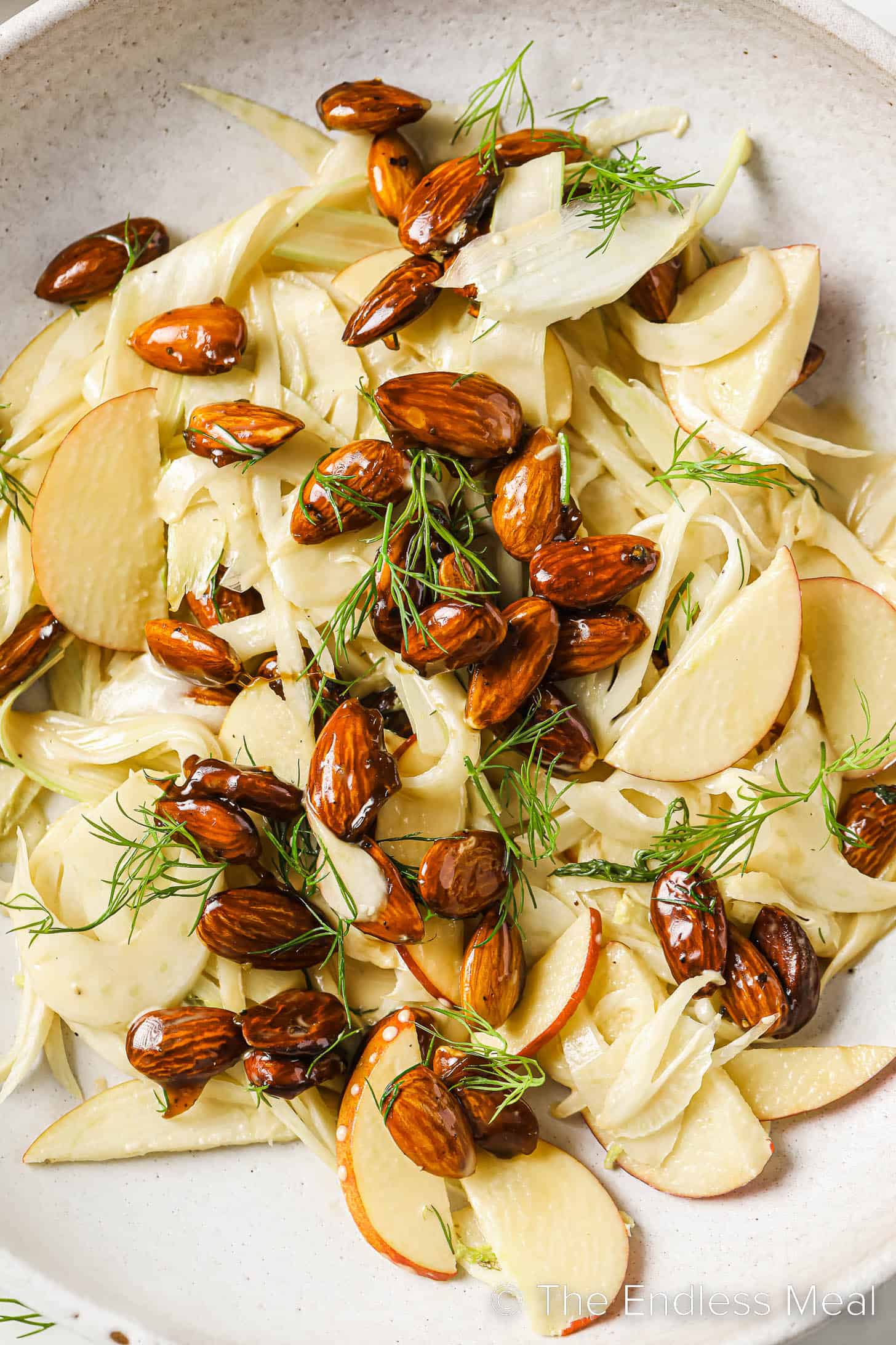 a close up of fennel salad with apple and candied almonds.