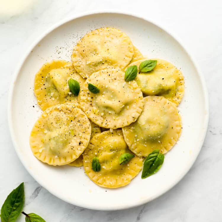 A dinner plate with Homemade Ravioli