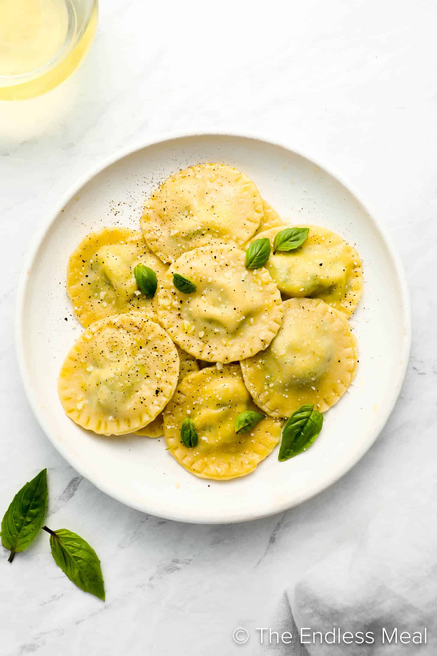 A dinner plate with Homemade Ravioli