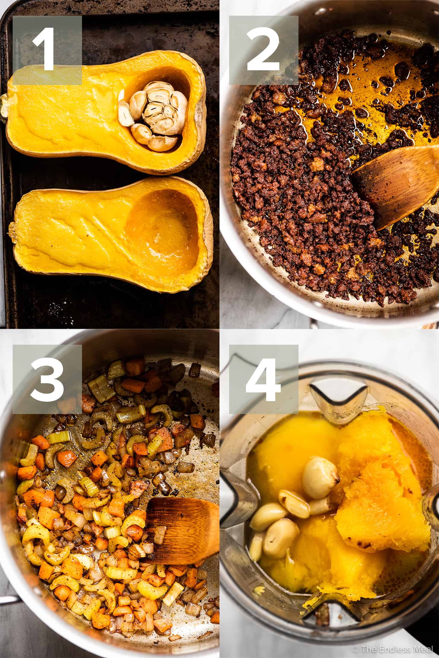 4 pictures showing how to make roasted squash chorizo soup.