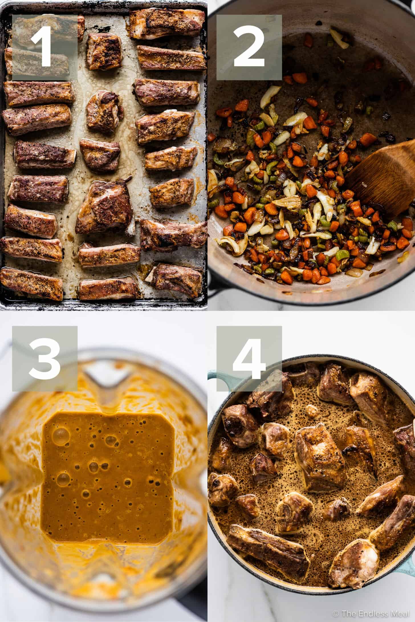 4 pictures showing how to make braised pork ribs