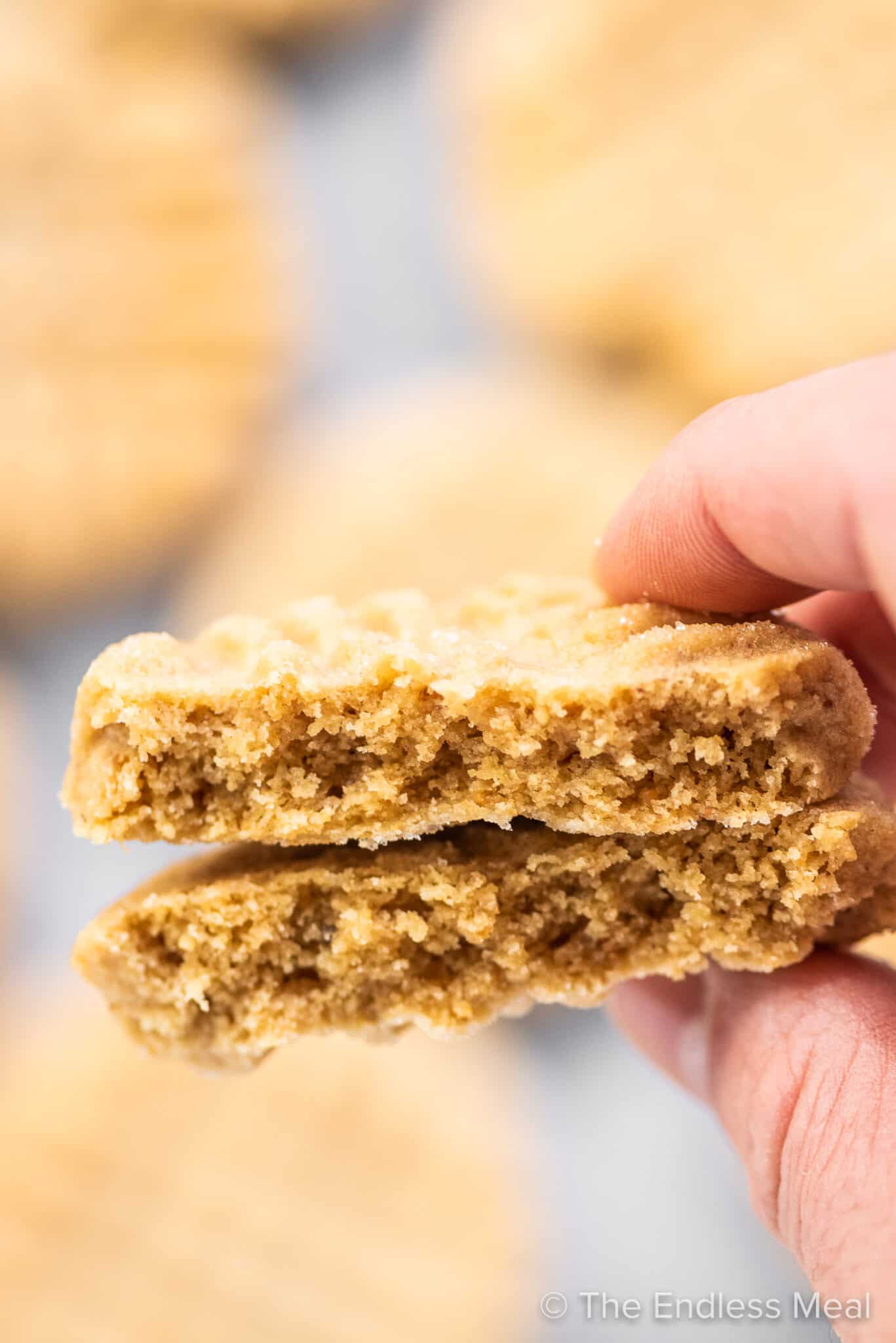 A hand holding two halves of a peanut butter cookies.