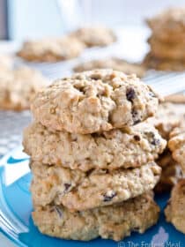 a stack of peanut butter raisin oatmeal cookies