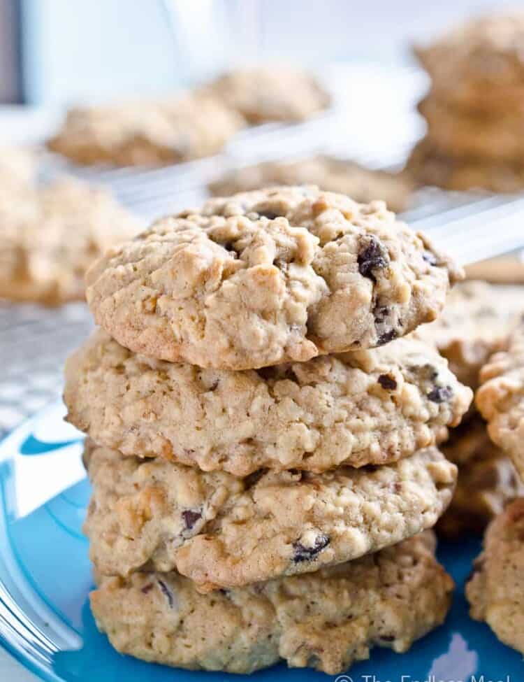a stack of peanut butter raisin oatmeal cookies