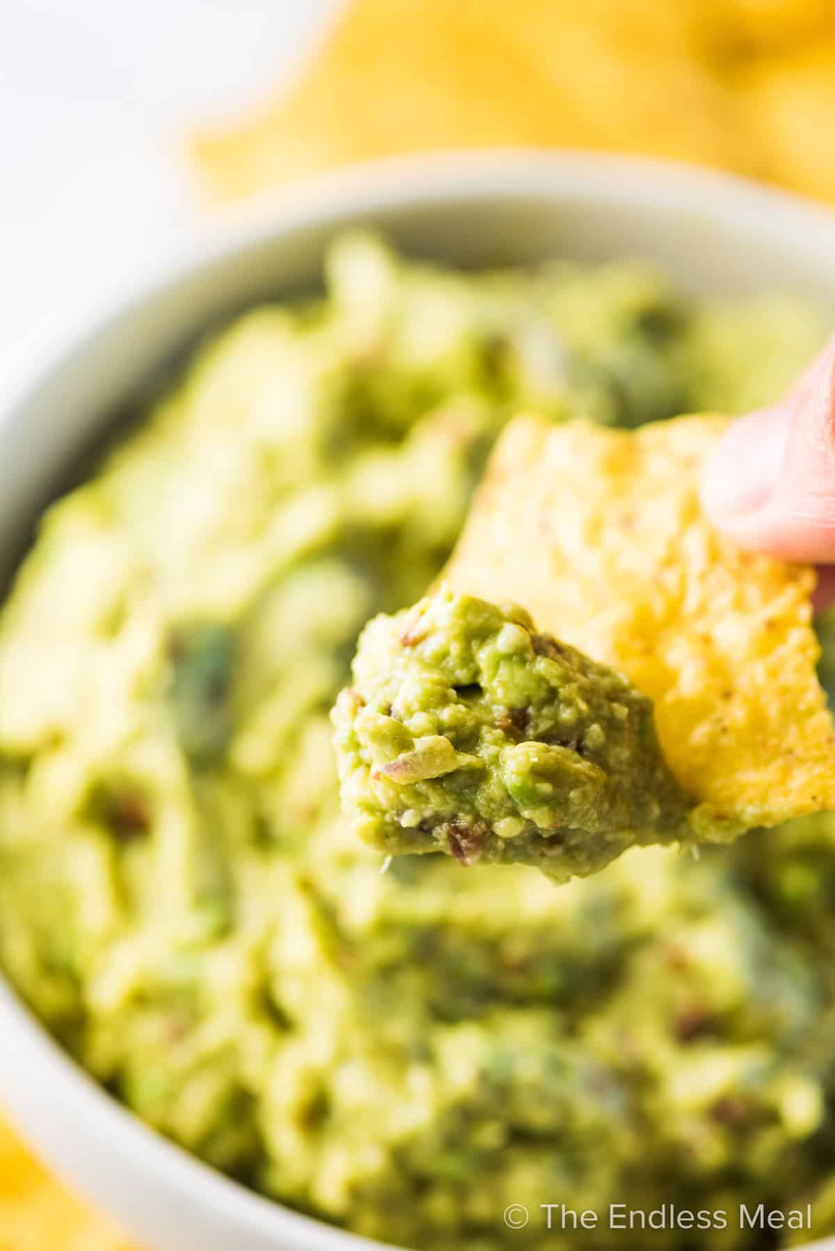 A tortilla chip scooping some chipotle guacamole dip.