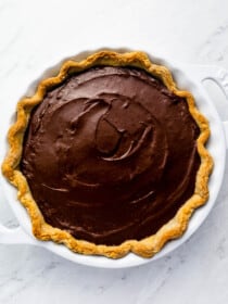 Easy Chocolate Pie in a pie pan.