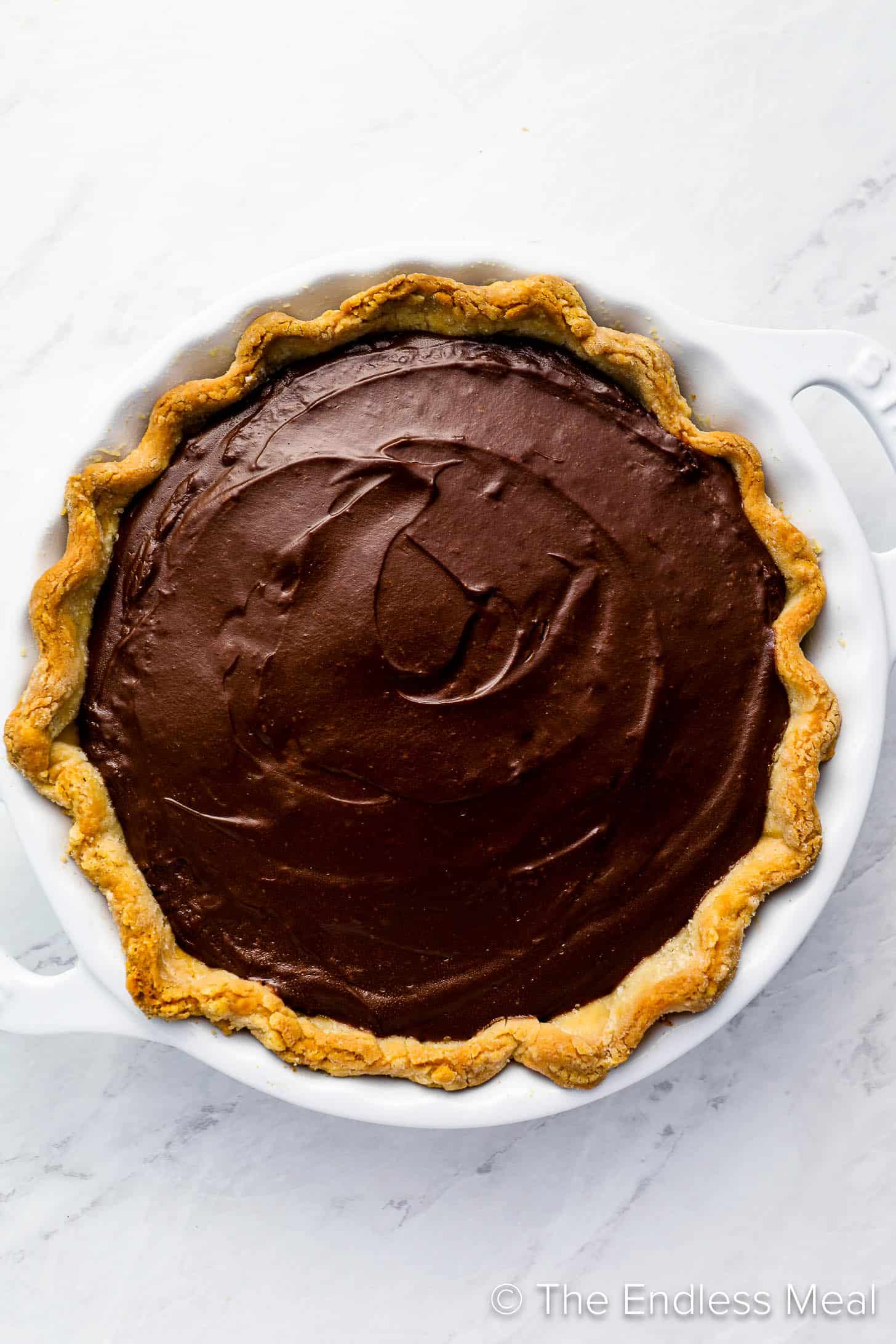 Easy Chocolate Pie in a pie pan.