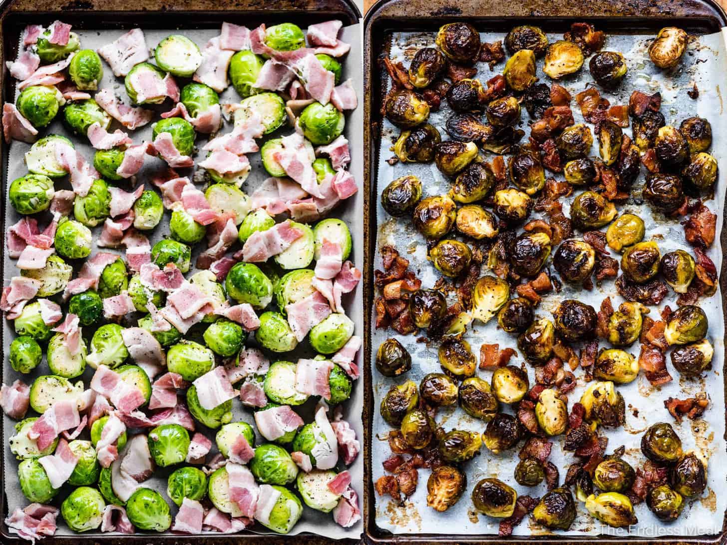 2 pictures showing before and after pictures of the roasted brussels uncooked and cooked. 