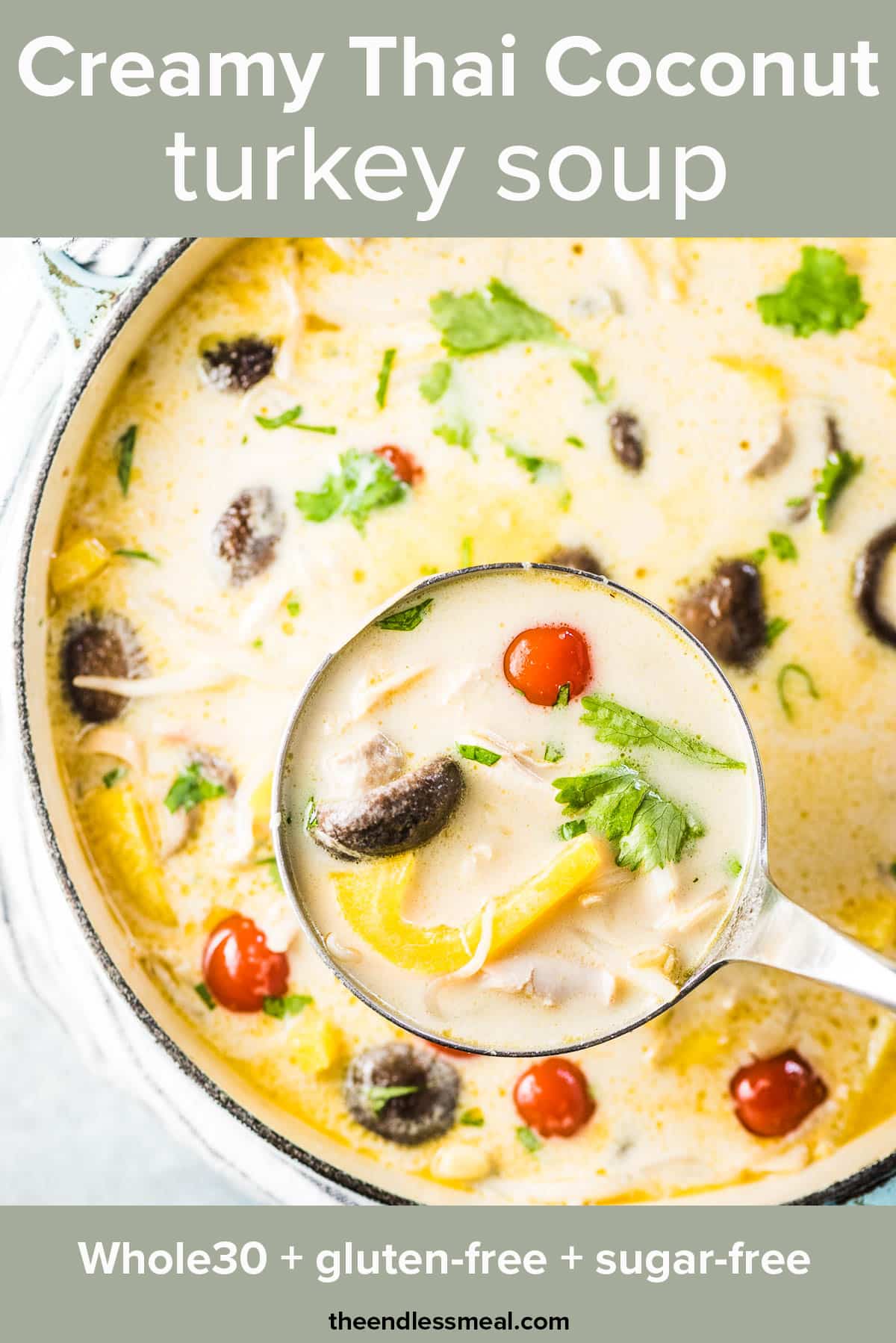 Thai coconut turkey soup in a pot with a ladle and the recipe title on top of the picture.