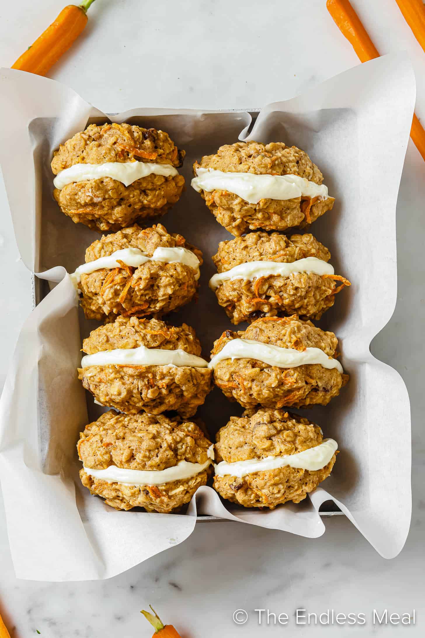 Carrot Cake Whoopie Pies in a serving container