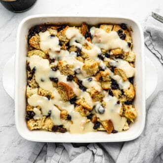 A white baking dish with this easy bread pudding recipe