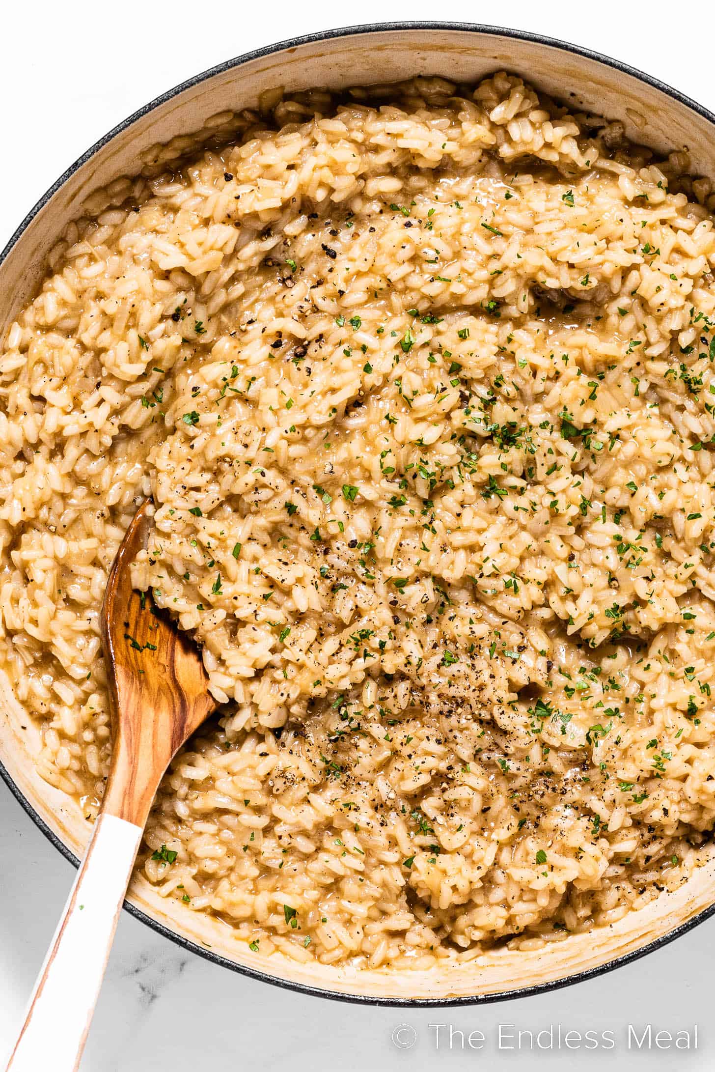 A close up of Easy Risotto recipe in a pot