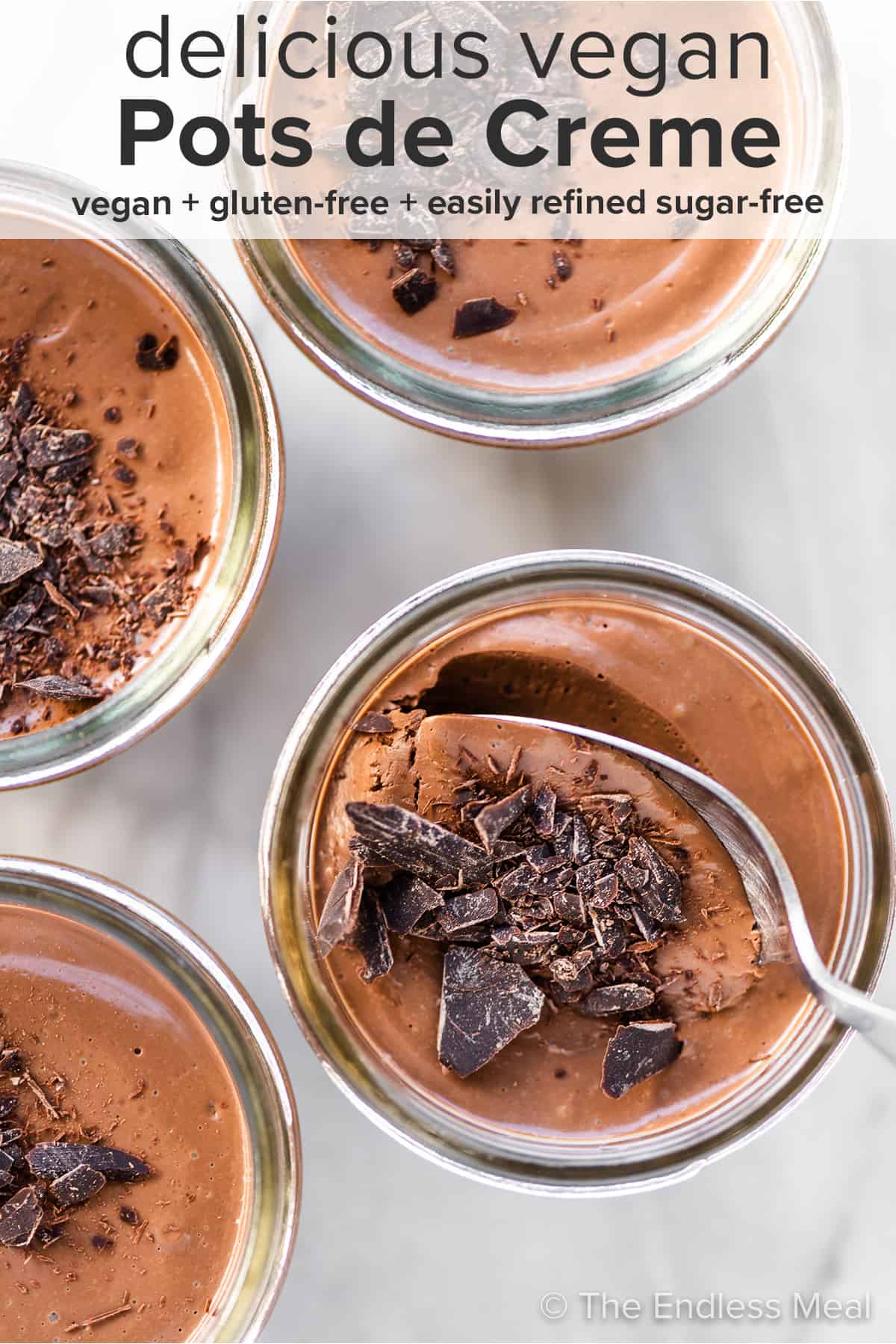 4 vegan pots de creme with chocolate on top and the recipe title on top of the picture. 