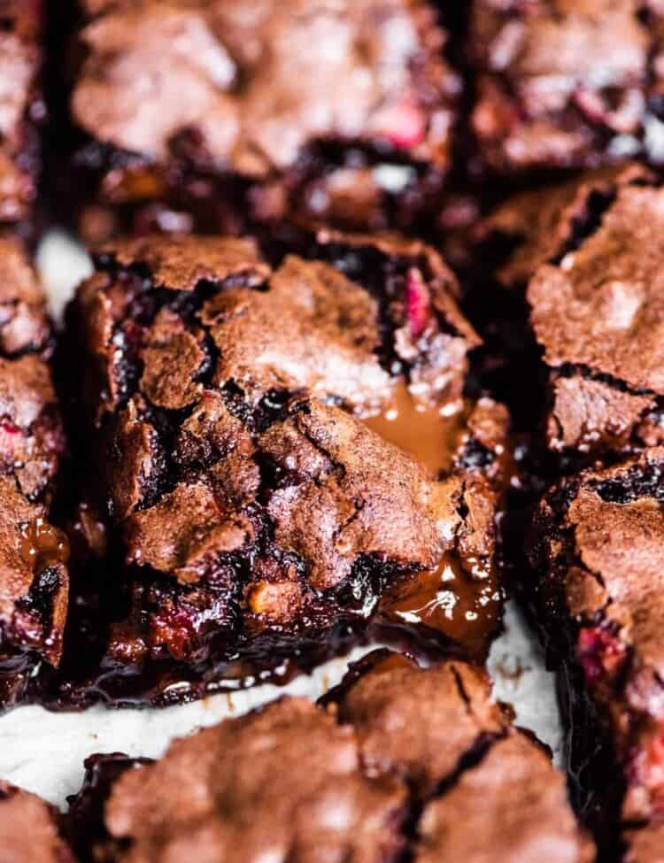 A close up of warm chocolate rhubarb brownies..