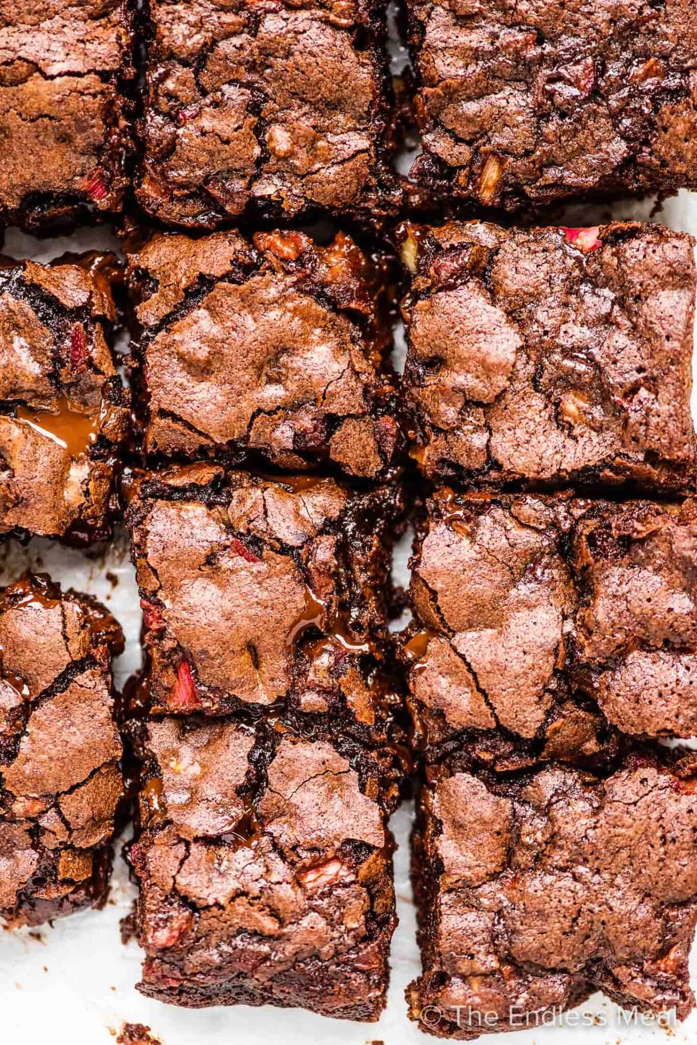 A close up of chocolate rhubarb brownies.