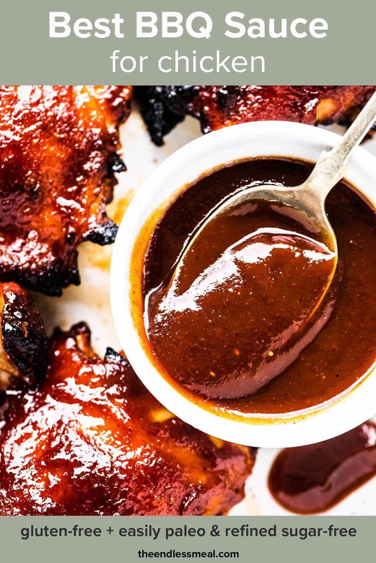 A spoon scooping some bbq sauce for chicken with bbq chicken on the side and the recipe title on top of the picture.
