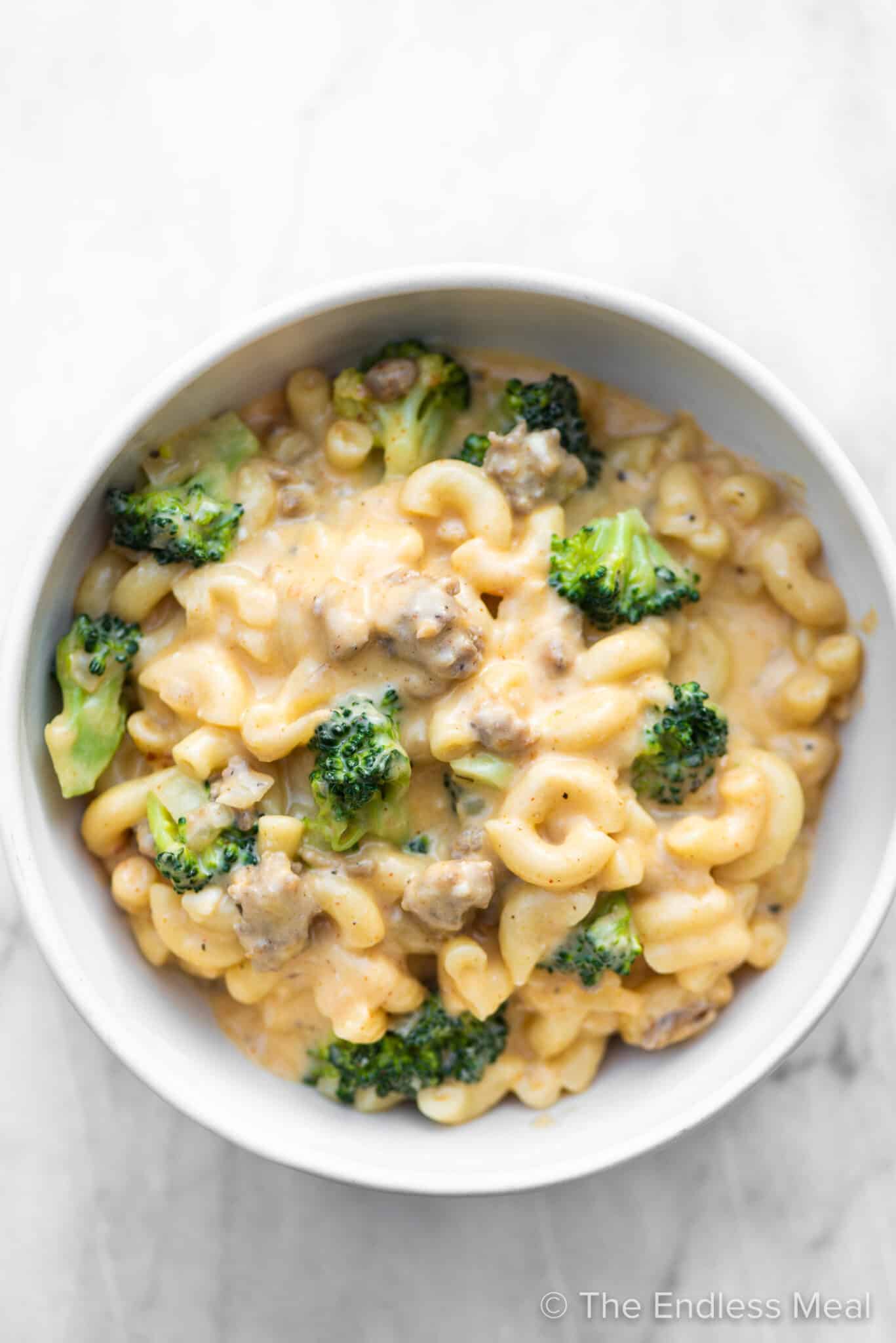 A bowl of broccoli and chorizo macaroni and cheese. 