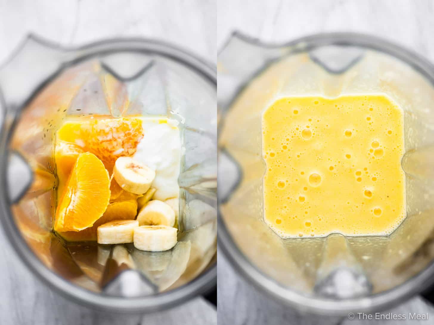 Before and after photos of the orange creamsicle smoothie ingredients in a blender.