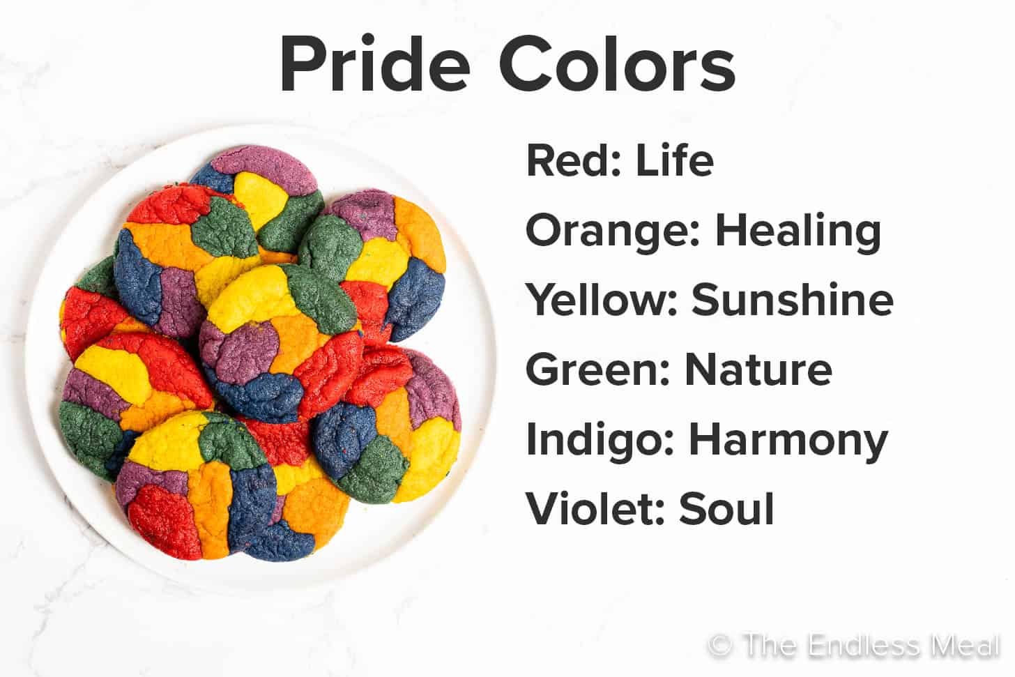 A picture showing what the colors in the Pride flag mean beside a plate of rainbow cookies