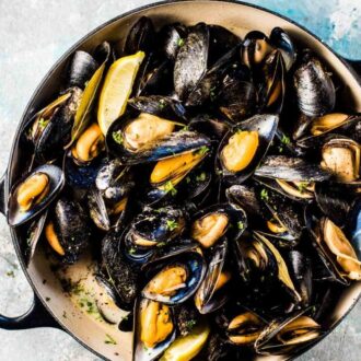After learning how to make mussels, they are sitting in a big pot of mussels in white wine on a blue and white table.
