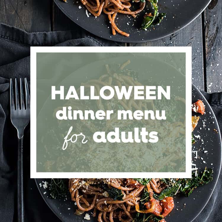 The words Elegant Halloween Dinner Party Menu Ideas on top of a picture of red wine spaghetti