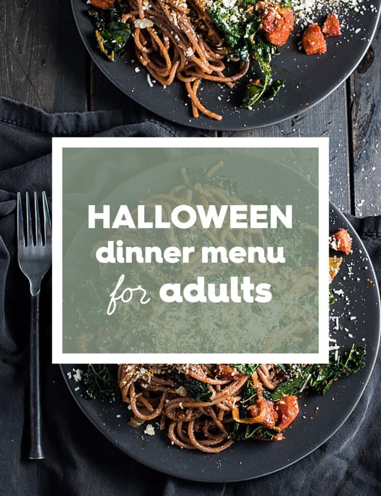 The words Elegant Halloween Dinner Party Menu Ideas on top of a picture of red wine spaghetti