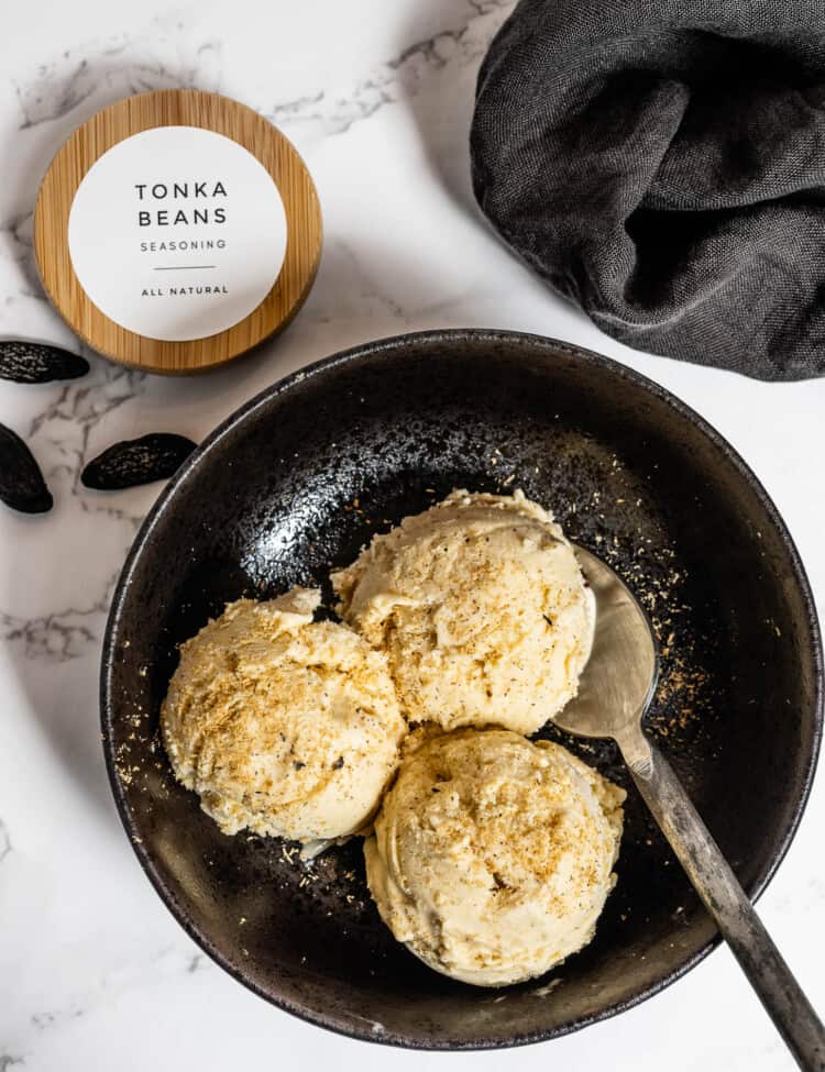Tonka Bean Ice Cream in a dark bowl beside tonka beans