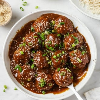 an appetizer serving dish with Hoisin Meatballs.