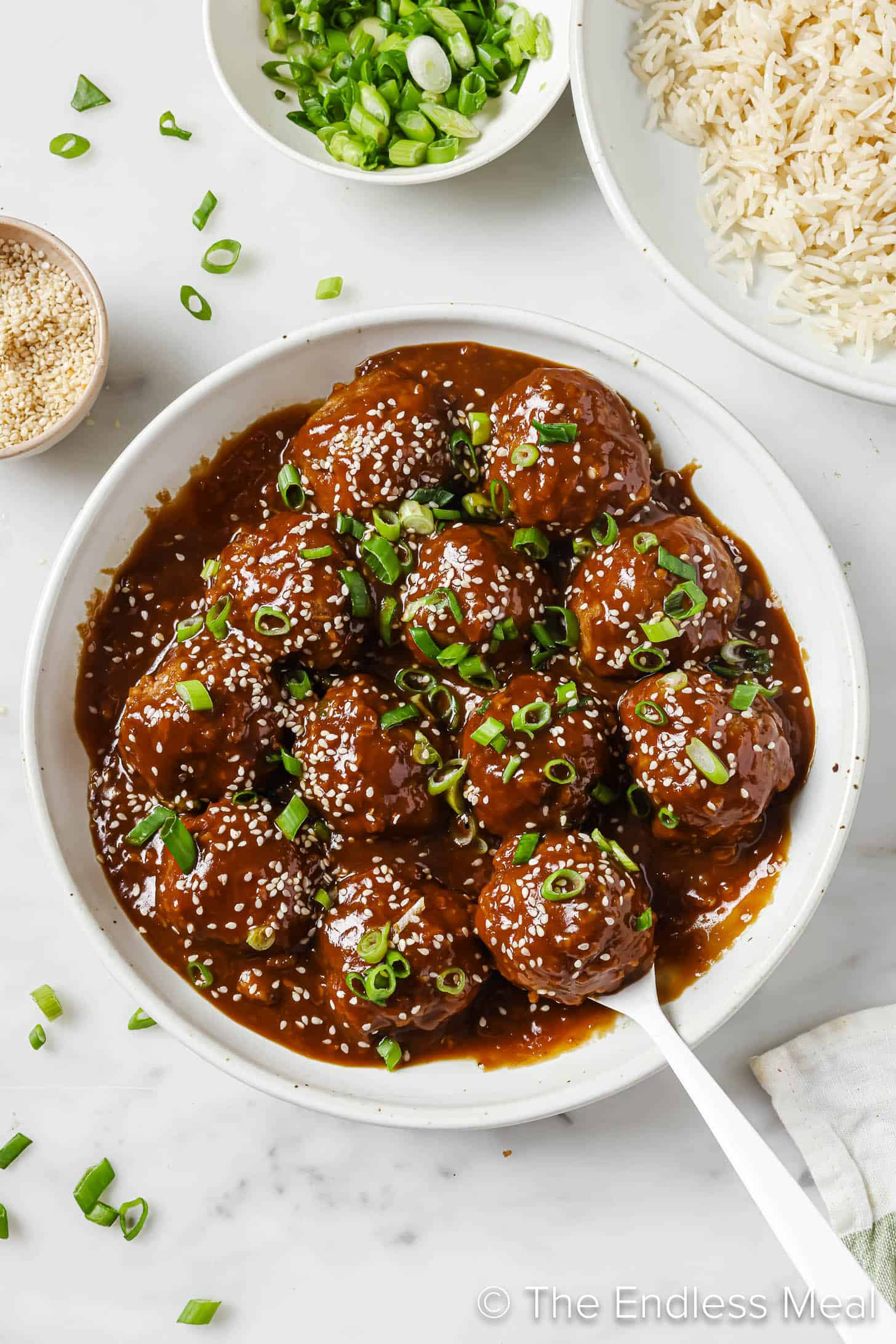 an appetizer serving dish with Hoisin Meatballs.