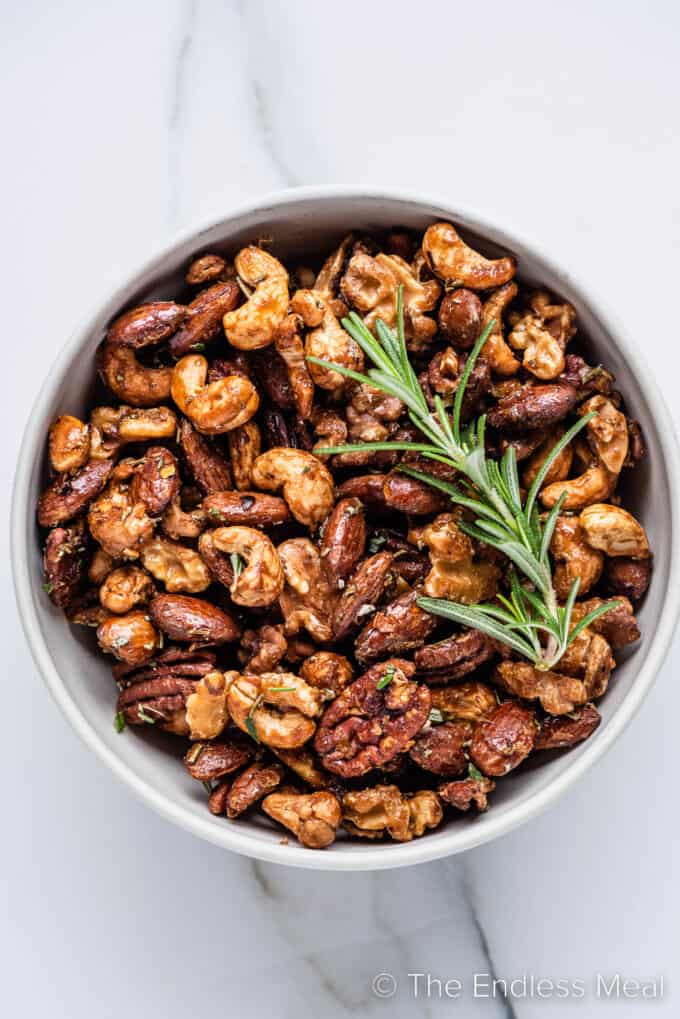 Spiced Rosemary Nuts in a bowl.