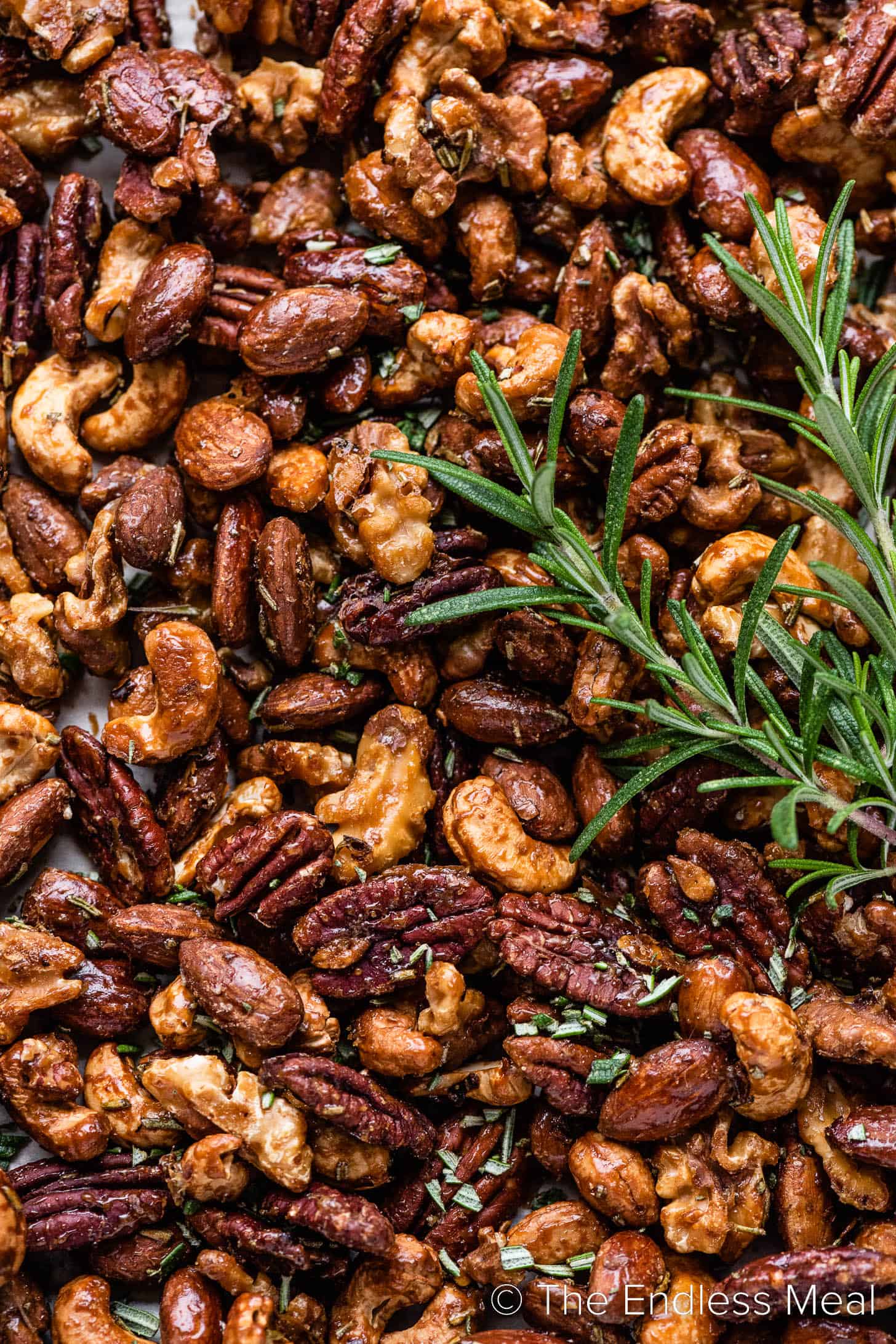 a close up of spiced rum rosemary nuts.