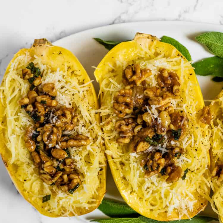 Brown Butter Sage Spaghetti Squash on a serving plate