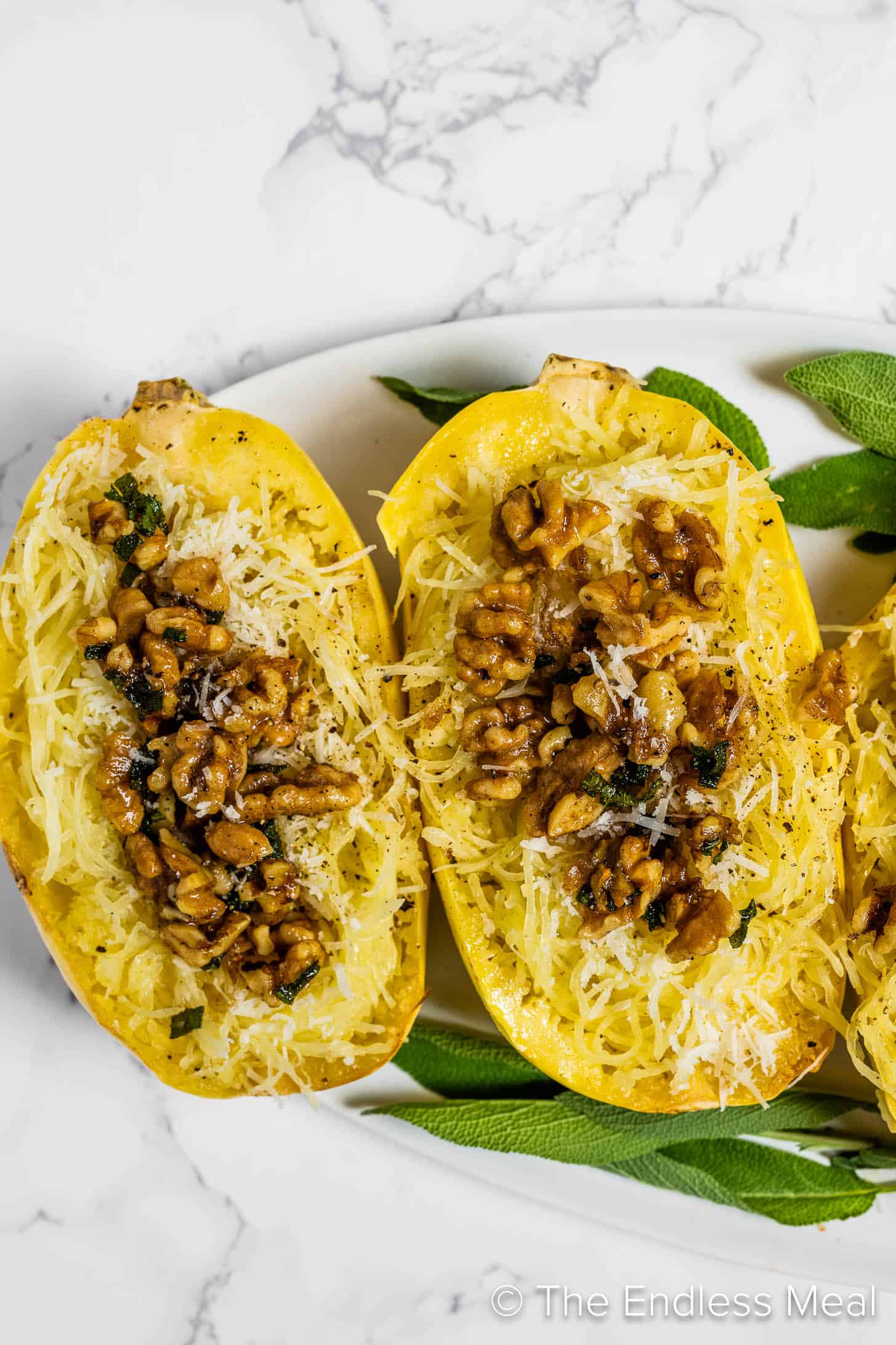 Brown Butter Sage Spaghetti Squash on a serving plate