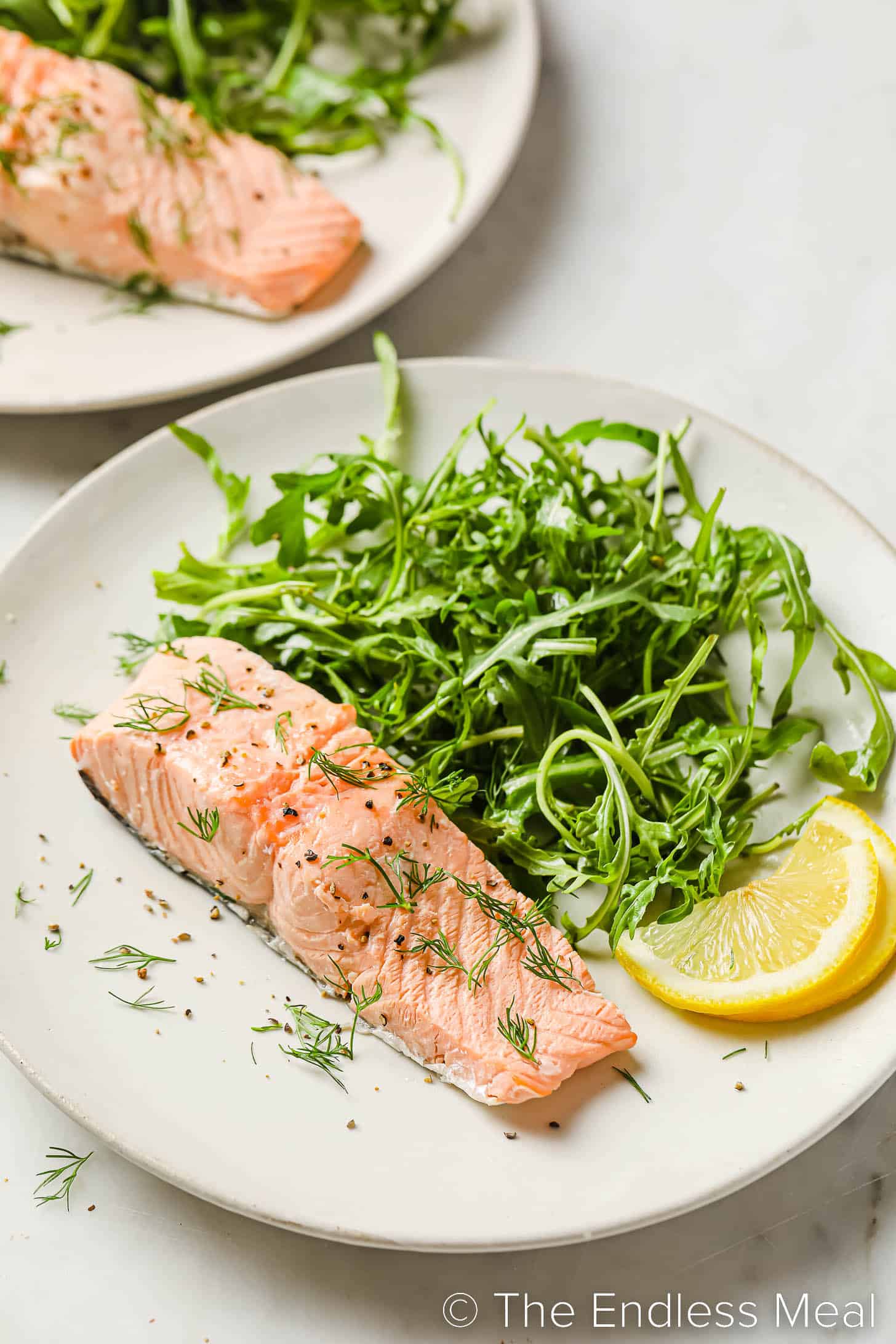 poached salmon on a plate with salad