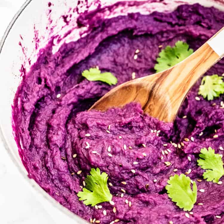 Mashed Purple Sweet Potatoes in a pot