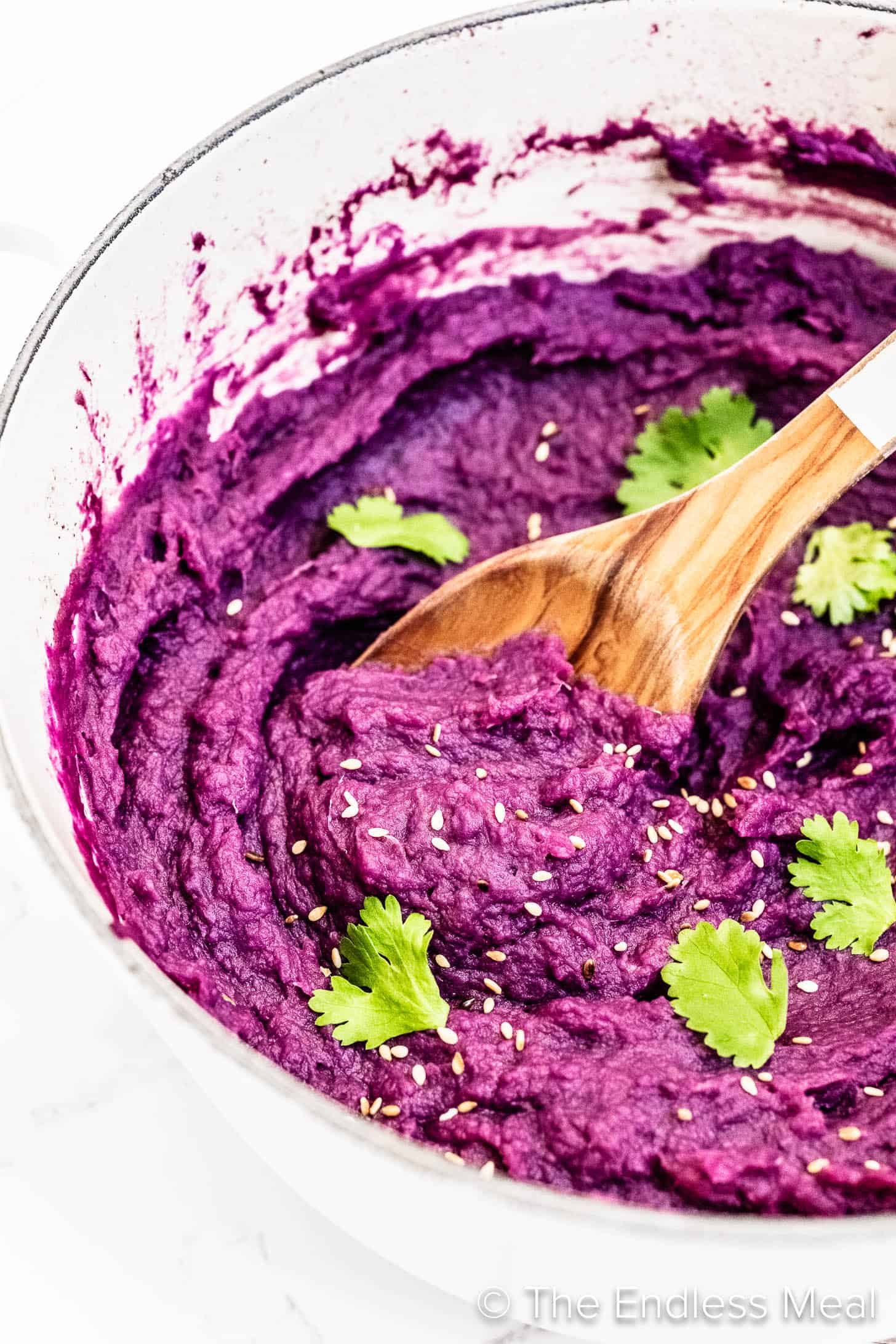 Mashed Purple Sweet Potatoes in a pot