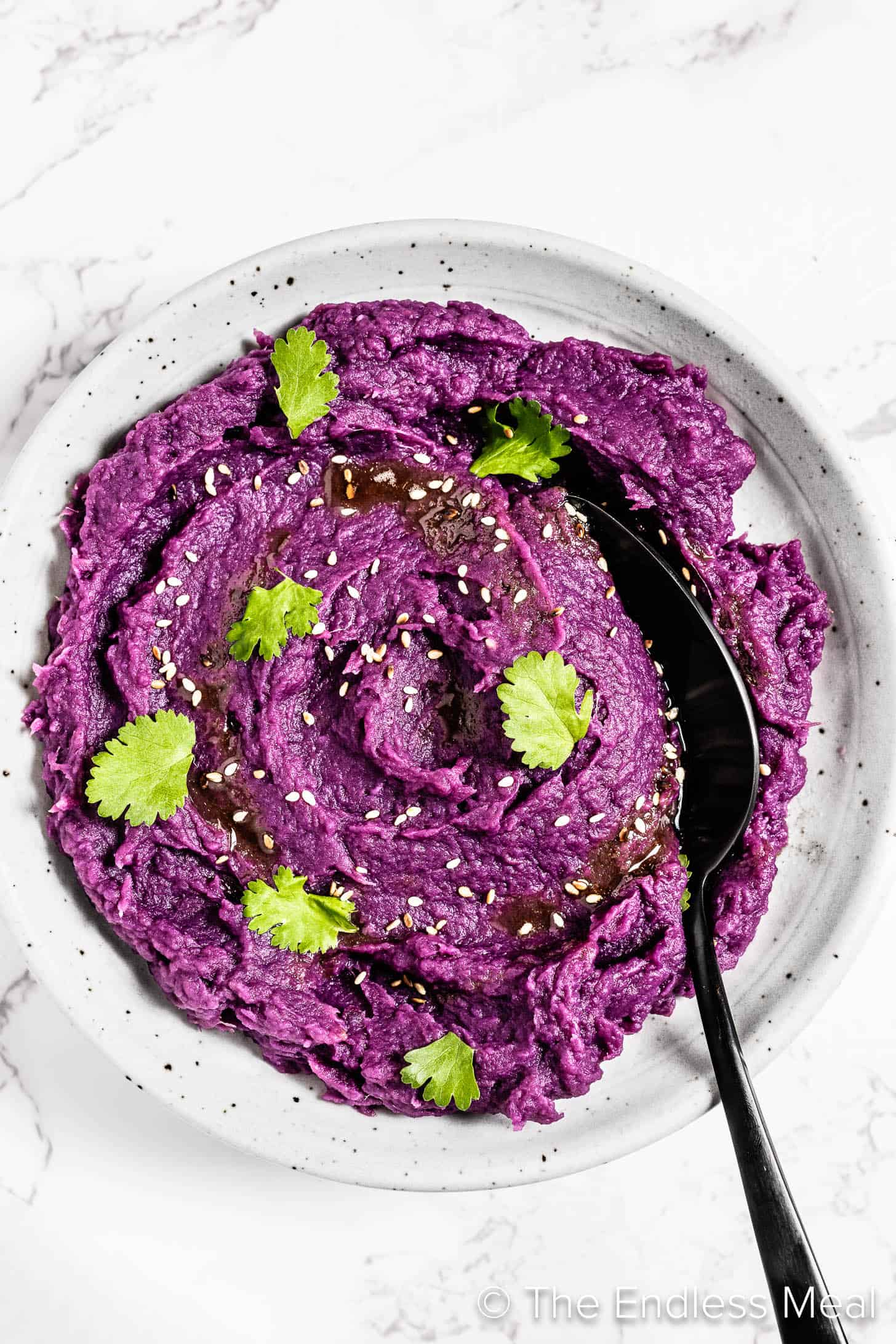 Mashed Purple Sweet Potatoes in a serving bowl