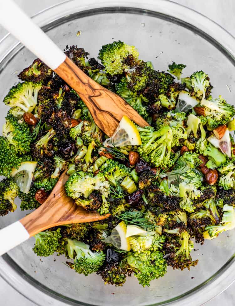 Roasted broccoli salad in a glass bowl