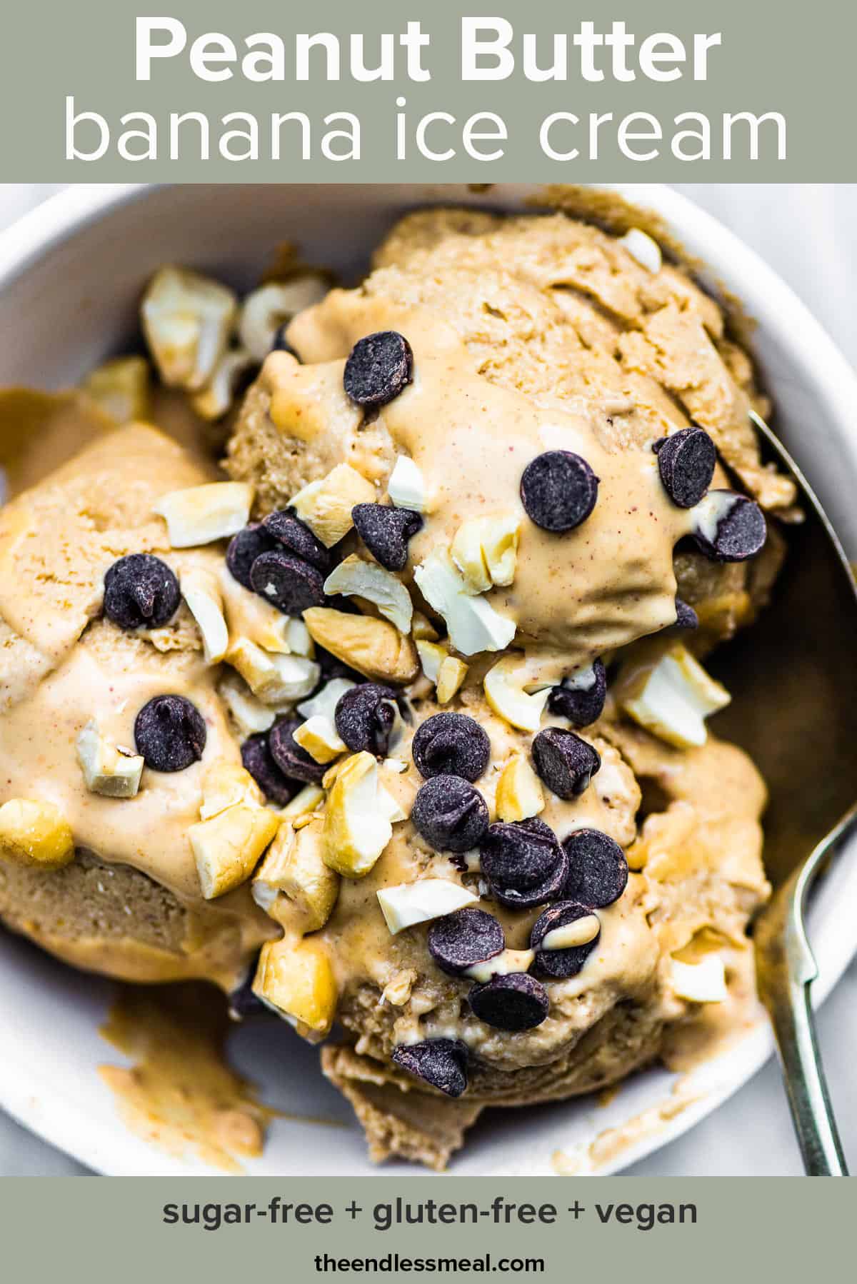 A close up of banana peanut butter ice cream in a bowl with chocolate chips on top and the recipe title on top of the picture.